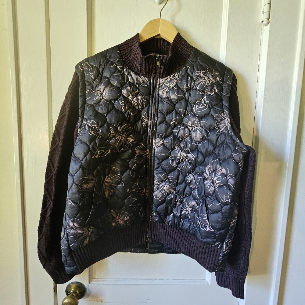 Current Air Floral Quilted Bomber Jacket - Knit Arms In Chocolate. Large